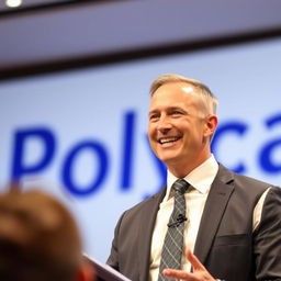 A confident speaker giving a speech with a bright and engaging expression, wearing a neatly tied tie