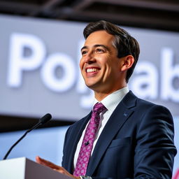 A confident speaker giving a speech with a bright and engaging expression, wearing a neatly tied tie