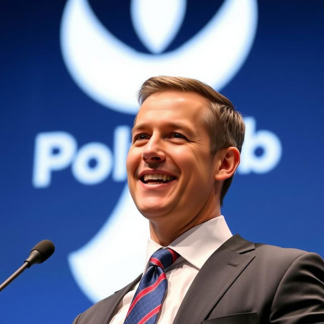 A confident speaker giving a speech with a bright and engaging expression, wearing a neatly tied tie