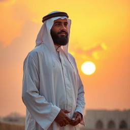 A dignified Islamic man wearing a traditional white thobe that resembles a warrior suit, standing confidently