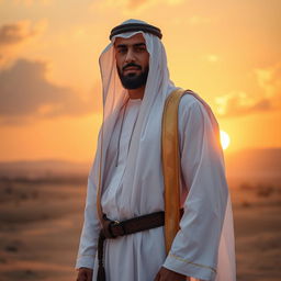 A dignified Islamic man wearing a traditional white thobe that resembles a warrior suit, standing confidently