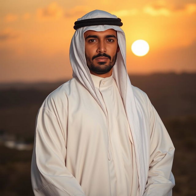 A dignified Islamic man wearing a traditional white thobe that resembles a warrior suit, standing confidently