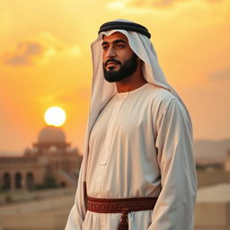 A dignified Islamic man wearing a traditional white thobe that resembles a warrior suit, standing confidently