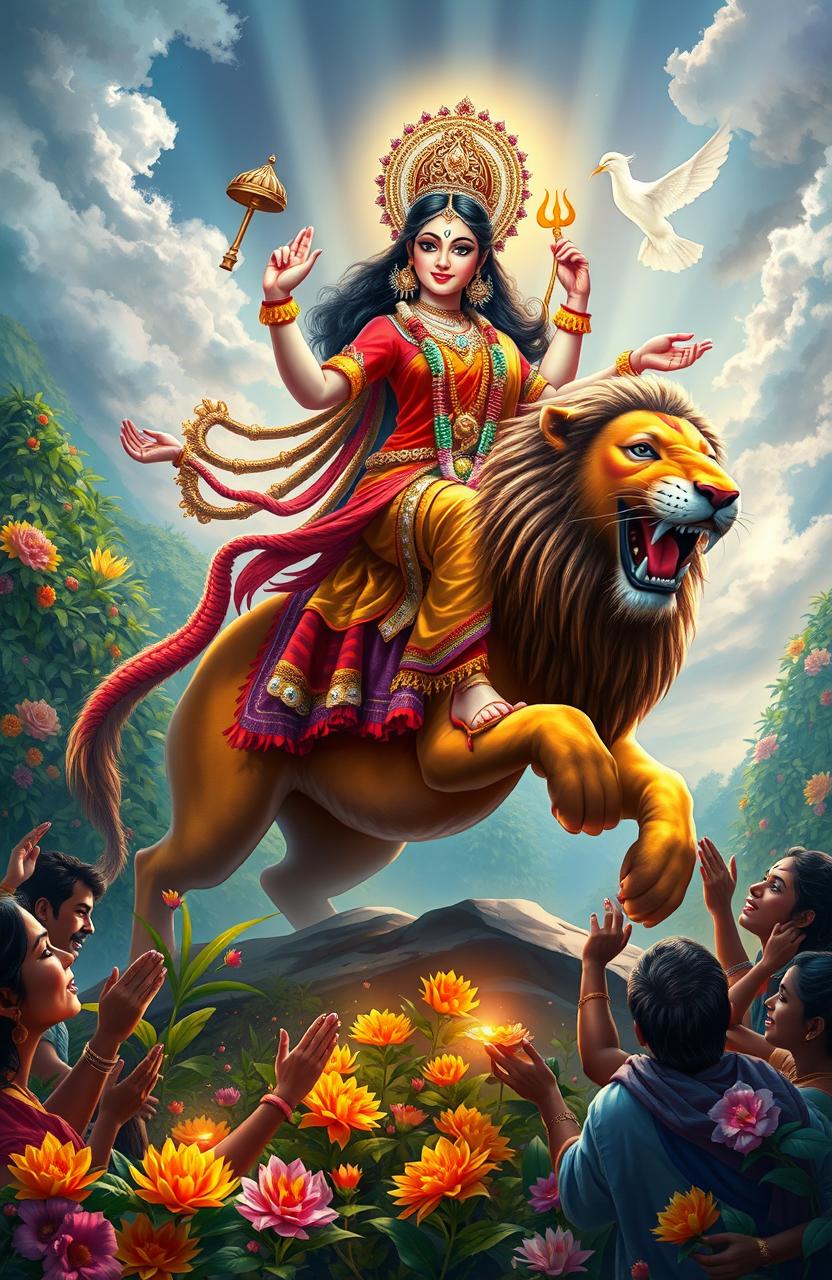 A vibrant digital painting of the Hindu goddess Durga, depicted riding majestically on a fierce lion