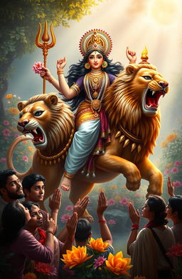 A vibrant digital painting of the Hindu goddess Durga, depicted riding majestically on a fierce lion