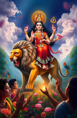A vibrant digital painting of the Hindu goddess Durga, depicted riding majestically on a fierce lion