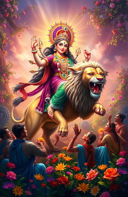 A vibrant digital painting of the Hindu goddess Durga, depicted riding majestically on a fierce lion
