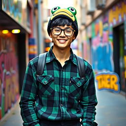 A young man with black hair wearing a green and black plaid shirt, black glasses, and a frog beanie hat
