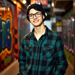 A young man with black hair wearing a green and black plaid shirt, black glasses, and a frog beanie hat