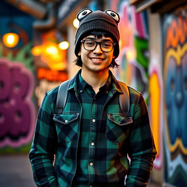 A young man with black hair wearing a green and black plaid shirt, black glasses, and a frog beanie hat