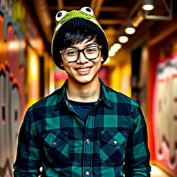 A young man with black hair wearing a green and black plaid shirt, black glasses, and a frog beanie hat
