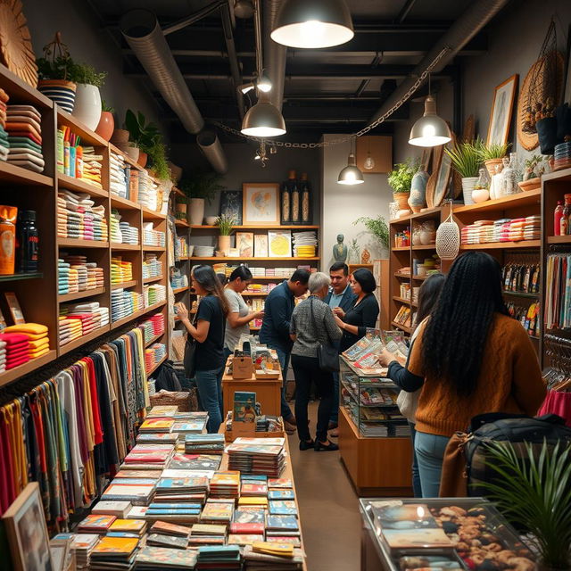 A cozy and inviting store interior, showcasing a wide variety of colorful products on neatly arranged shelves, with warm lighting creating an inviting atmosphere