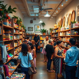 A cozy and inviting store interior, showcasing a wide variety of colorful products on neatly arranged shelves, with warm lighting creating an inviting atmosphere