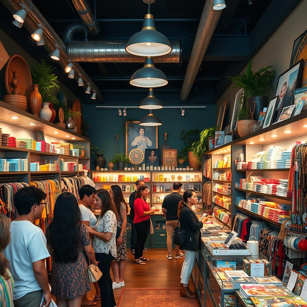 A cozy and inviting store interior, showcasing a wide variety of colorful products on neatly arranged shelves, with warm lighting creating an inviting atmosphere