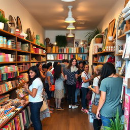 A cozy and inviting store interior, showcasing a wide variety of colorful products on neatly arranged shelves, with warm lighting creating an inviting atmosphere
