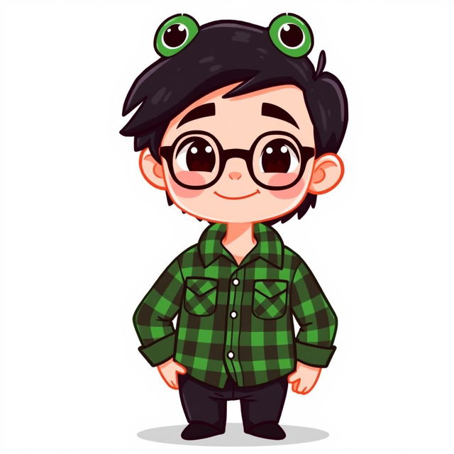 A cartoon character with black hair, wearing a green and black plaid shirt, black glasses, and a green frog hat