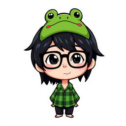 A cartoon character with black hair, wearing a green and black plaid shirt, black glasses, and a green frog hat
