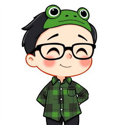 A cartoon character with black hair, wearing a green and black plaid shirt, black glasses, and a green frog hat
