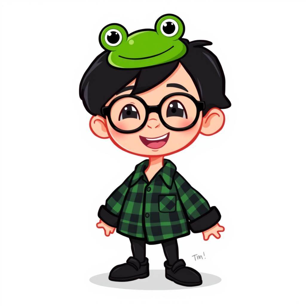 A cartoon character with black hair, wearing a green and black plaid shirt, black glasses, and a green frog hat