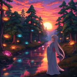 A stunning anime scene depicting a mystical forest during sunset