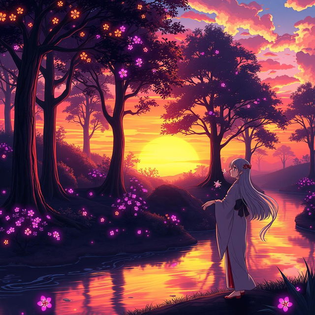 A stunning anime scene depicting a mystical forest during sunset