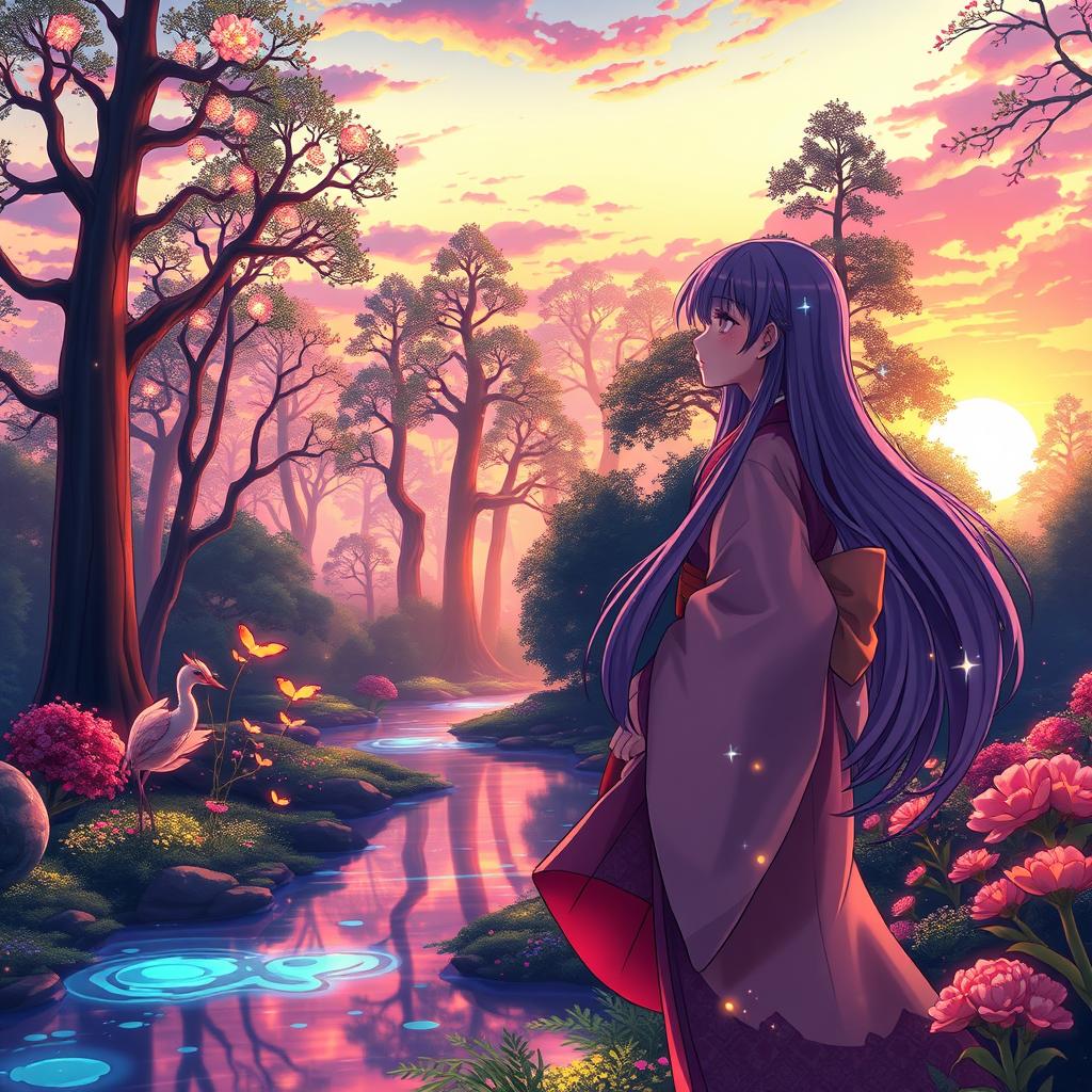 A stunning anime scene depicting a mystical forest during sunset