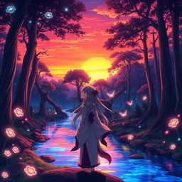 A stunning anime scene depicting a mystical forest during sunset