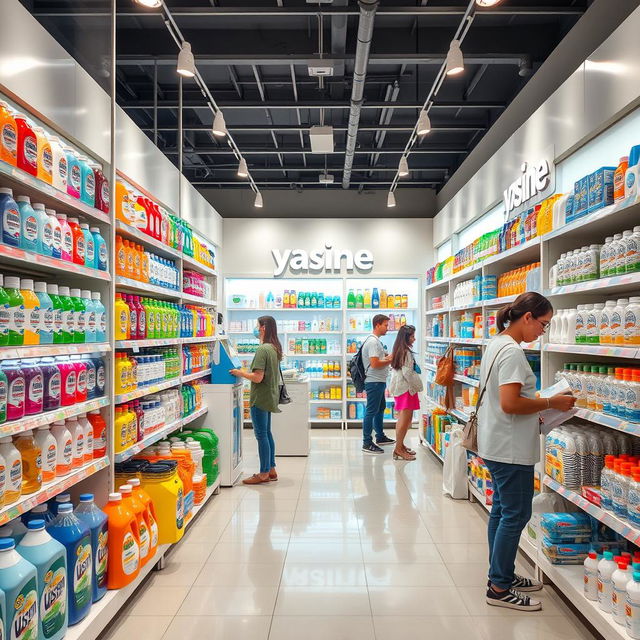 A modern and inviting scene of a Yasine cleaning products store, showcasing a variety of colorful and neatly arranged hygiene products such as detergents, soaps, and disinfectants on well-organized shelves