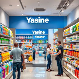 A modern and inviting scene of a Yasine cleaning products store, showcasing a variety of colorful and neatly arranged hygiene products such as detergents, soaps, and disinfectants on well-organized shelves
