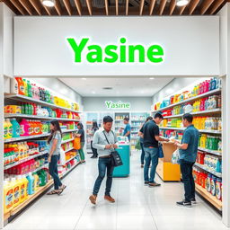 A modern and inviting scene of a Yasine cleaning products store, showcasing a variety of colorful and neatly arranged hygiene products such as detergents, soaps, and disinfectants on well-organized shelves