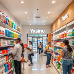 A modern and inviting scene of a Yasine cleaning products store, showcasing a variety of colorful and neatly arranged hygiene products such as detergents, soaps, and disinfectants on well-organized shelves