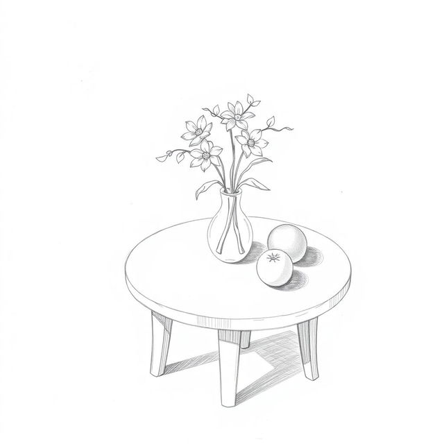 A beginner's pencil sketch on a plain white paper, showcasing a simple yet elegant composition of a still life arrangement