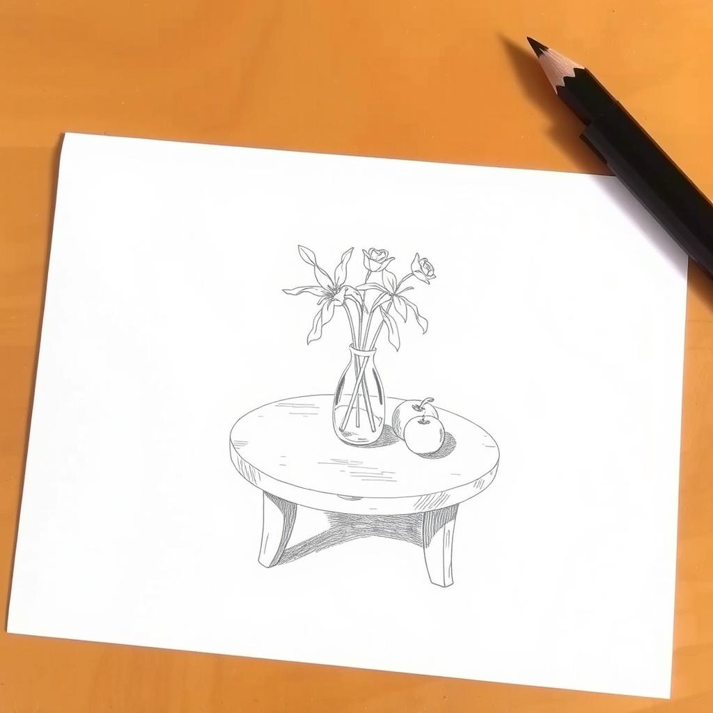 A beginner's pencil sketch on a plain white paper, showcasing a simple yet elegant composition of a still life arrangement