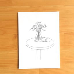 A beginner's pencil sketch on a plain white paper, showcasing a simple yet elegant composition of a still life arrangement