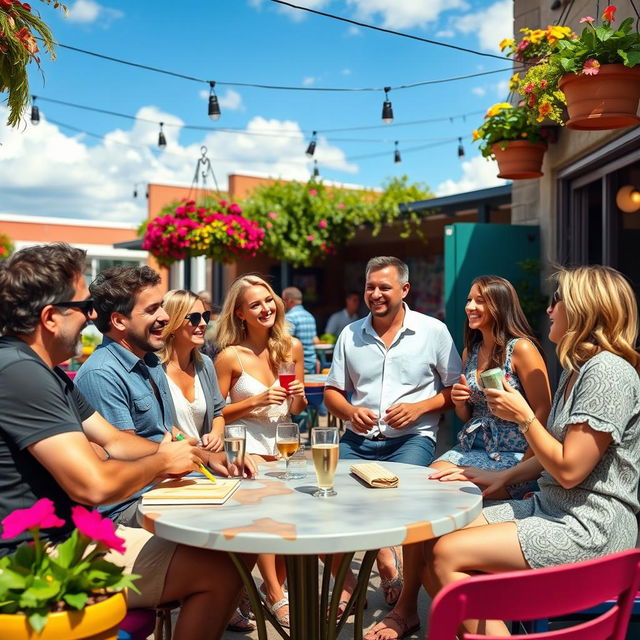 A dynamic social scene featuring a group of men and four women engaged in lively conversation at an outdoor café