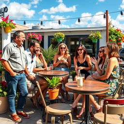 A dynamic social scene featuring a group of men and four women engaged in lively conversation at an outdoor café