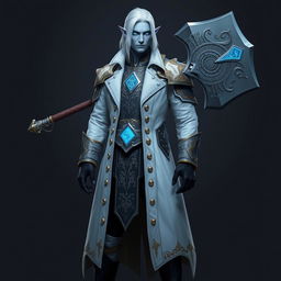 A tall, commanding Drow general named Jayce Kovacs, featuring medium-length snow-white hair and striking glowing blue irises on neutral blue skin