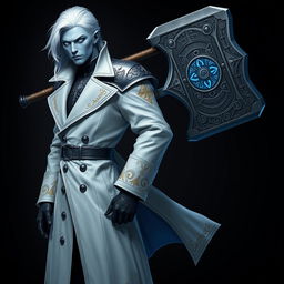 A tall, commanding Drow general named Jayce Kovacs, featuring medium-length snow-white hair and striking glowing blue irises on neutral blue skin