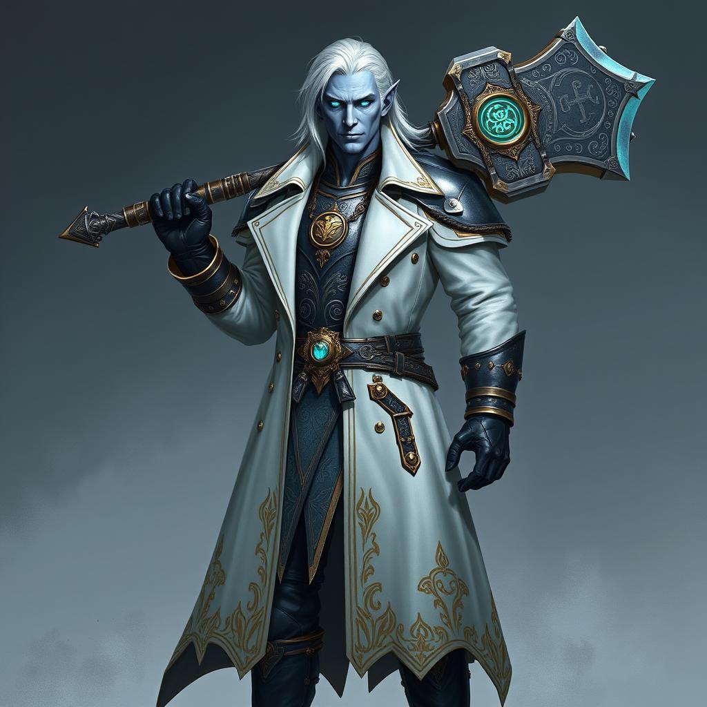 A tall, commanding Drow general named Jayce Kovacs, featuring medium-length snow-white hair and striking glowing blue irises on neutral blue skin