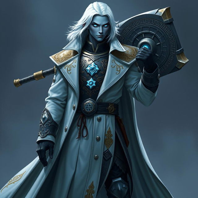 A tall, commanding Drow general named Jayce Kovacs, featuring medium-length snow-white hair and striking glowing blue irises on neutral blue skin