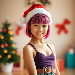A cute 18-year-old Filipina Chinese girl with pink bangs, wearing a stylish one-piece swimsuit layered under her trendy jeans, which are accessorized with a fashionable belt