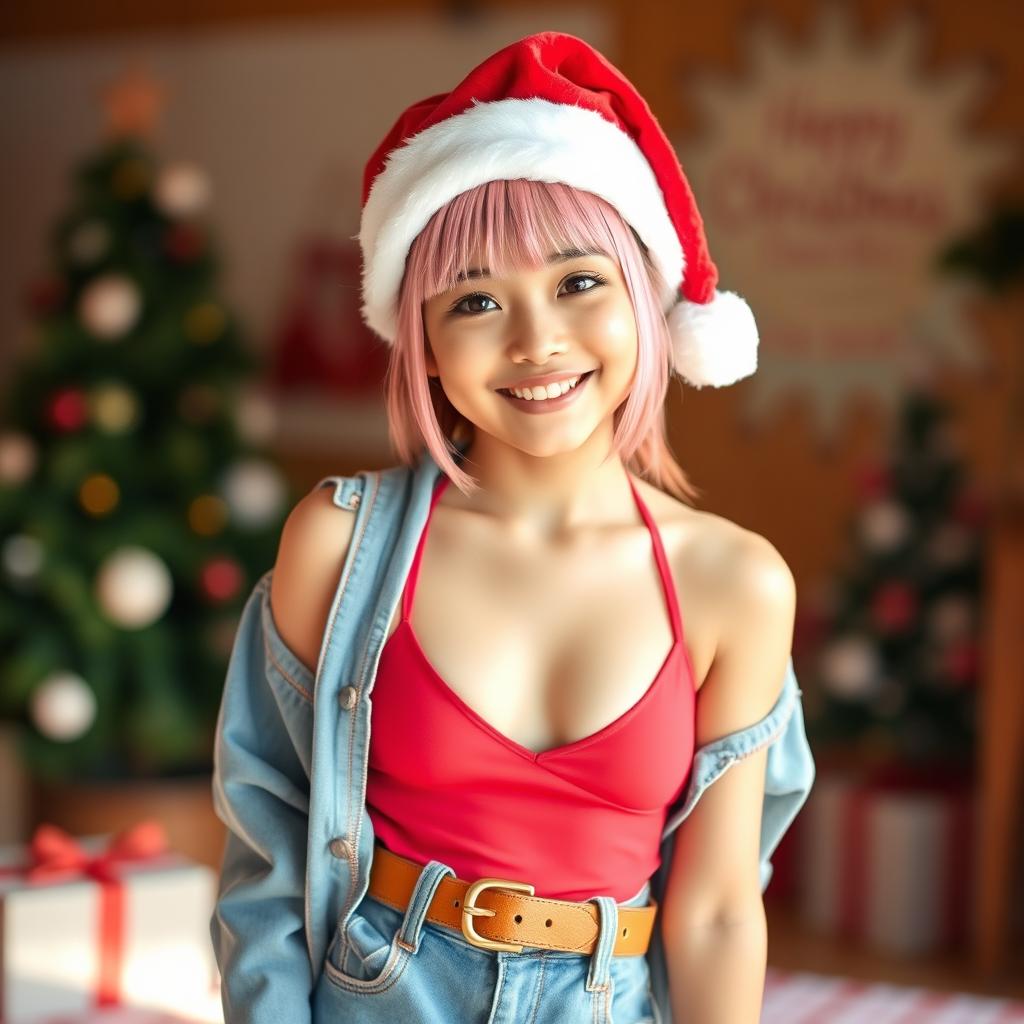 A cute 18-year-old Filipina Chinese girl with pink bangs, wearing a stylish one-piece swimsuit layered under her trendy jeans, which are accessorized with a fashionable belt