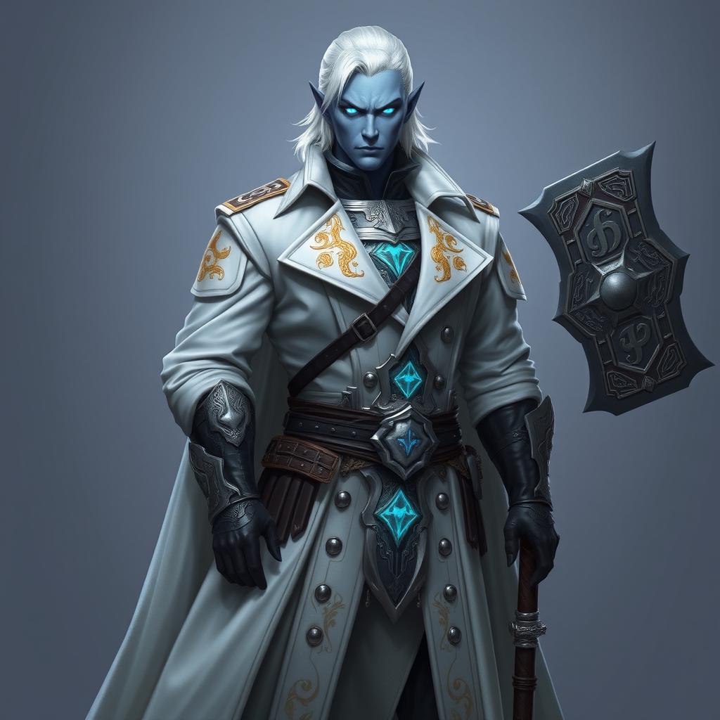 A tall, commanding Drow general named Jayce Kovacs, characterized by medium-length snow-white hair and radiant glowing blue irises, set against a smooth neutral blue skin tone