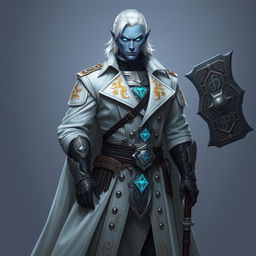 A tall, commanding Drow general named Jayce Kovacs, characterized by medium-length snow-white hair and radiant glowing blue irises, set against a smooth neutral blue skin tone