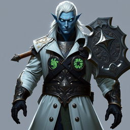 A tall, commanding Drow general named Jayce Kovacs, characterized by medium-length snow-white hair and radiant glowing blue irises, set against a smooth neutral blue skin tone