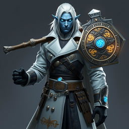 A tall, commanding Drow general named Jayce Kovacs, characterized by medium-length snow-white hair and radiant glowing blue irises, set against a smooth neutral blue skin tone