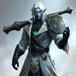 A tall, commanding Drow general named Jayce Kovacs, characterized by medium-length snow-white hair and radiant glowing blue irises, set against a smooth neutral blue skin tone
