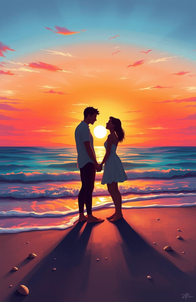A digital painting showcasing a couple standing close together on a seaside during a breathtaking sunset