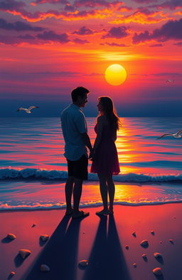 A digital painting showcasing a couple standing close together on a seaside during a breathtaking sunset