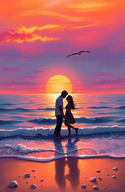 A digital painting showcasing a couple standing close together on a seaside during a breathtaking sunset